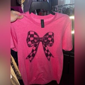 Hot Pink Short Sleeve Tee with Black Checkered Bow Graphic